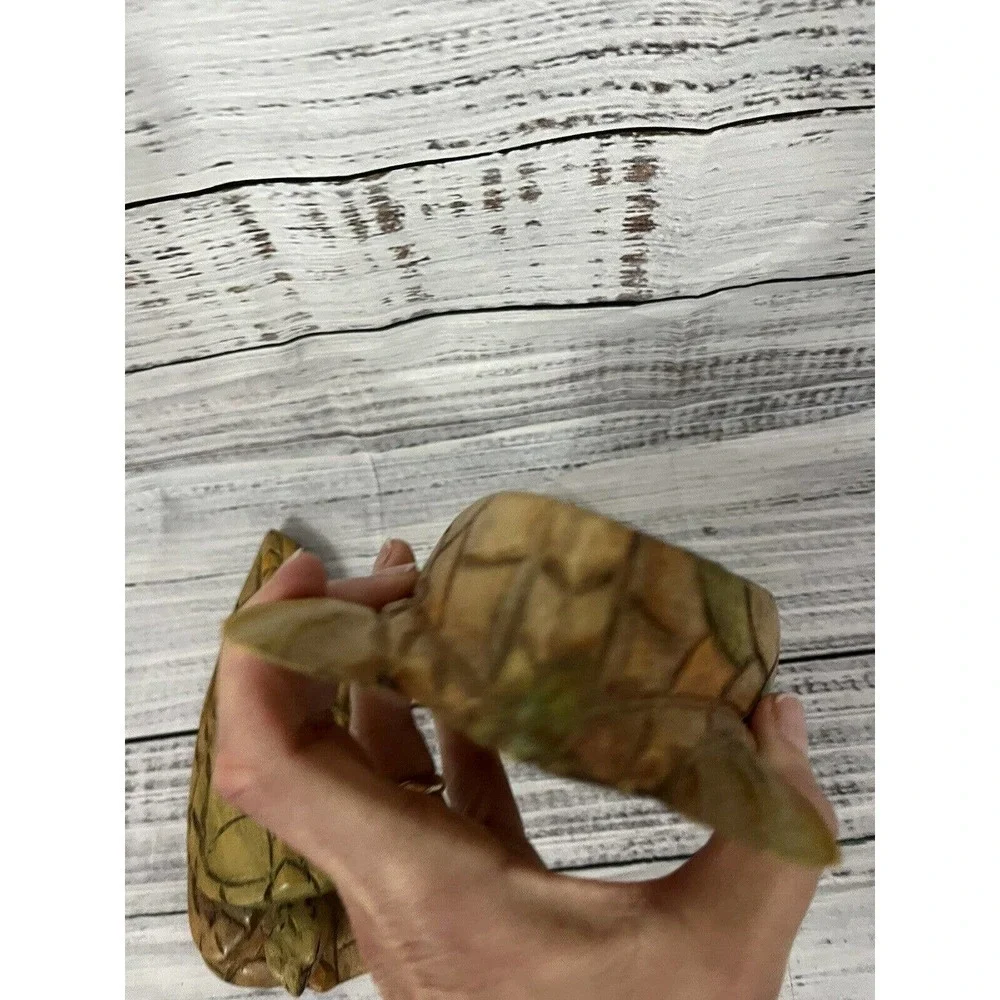 Hand Carved Crafted Wooden Sea Turtle Mom Carrying Baby 2pc Box with Lid Art